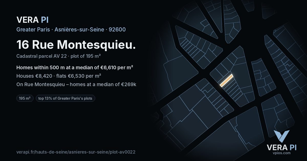 16 Rue Montesquieu, Asnières-sur-Seine at night – the plot lit, the parcels around coloured by the prices near them