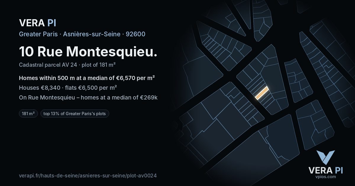 10 Rue Montesquieu, Asnières-sur-Seine at night – the plot lit, the parcels around coloured by the prices near them