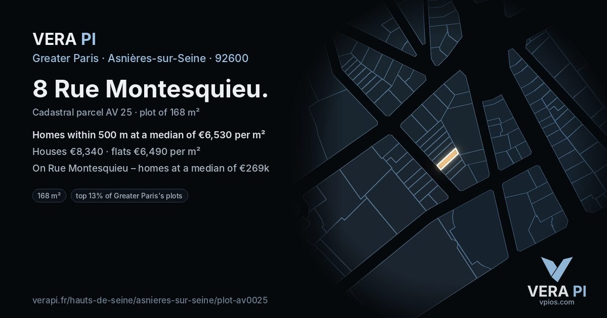 8 Rue Montesquieu, Asnières-sur-Seine at night – the plot lit, the parcels around coloured by the prices near them