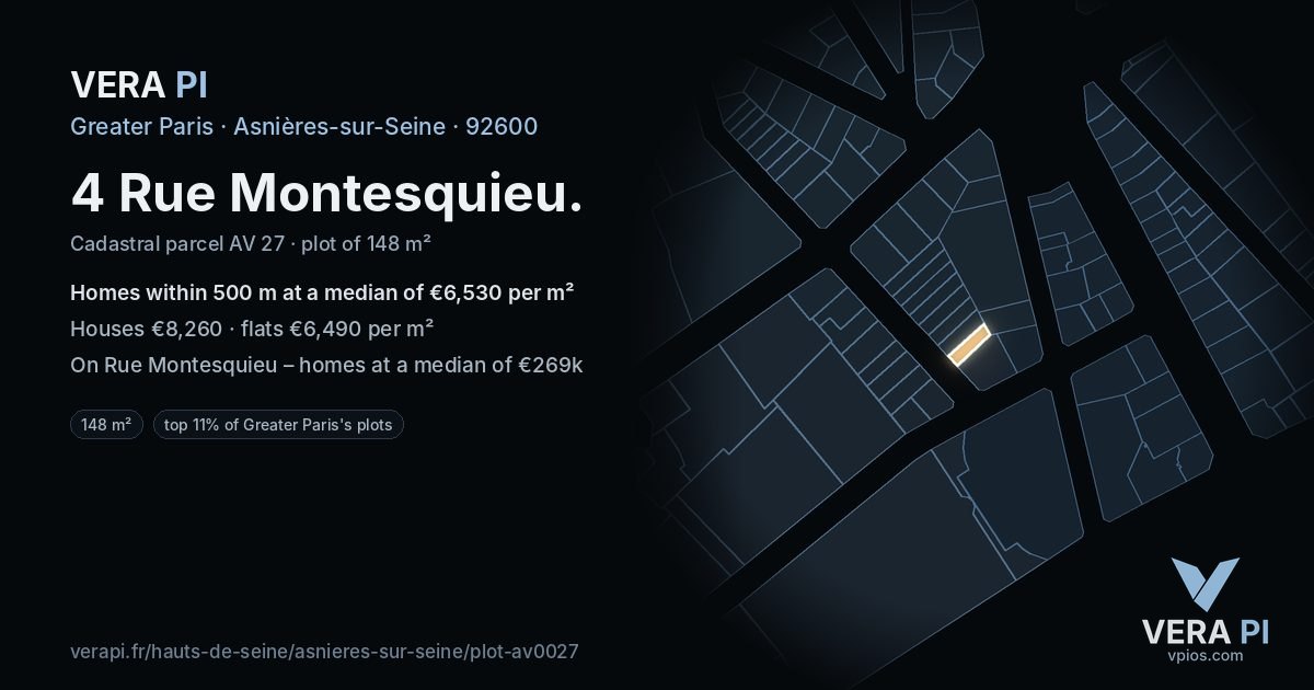 4 Rue Montesquieu, Asnières-sur-Seine at night – the plot lit, the parcels around coloured by the prices near them