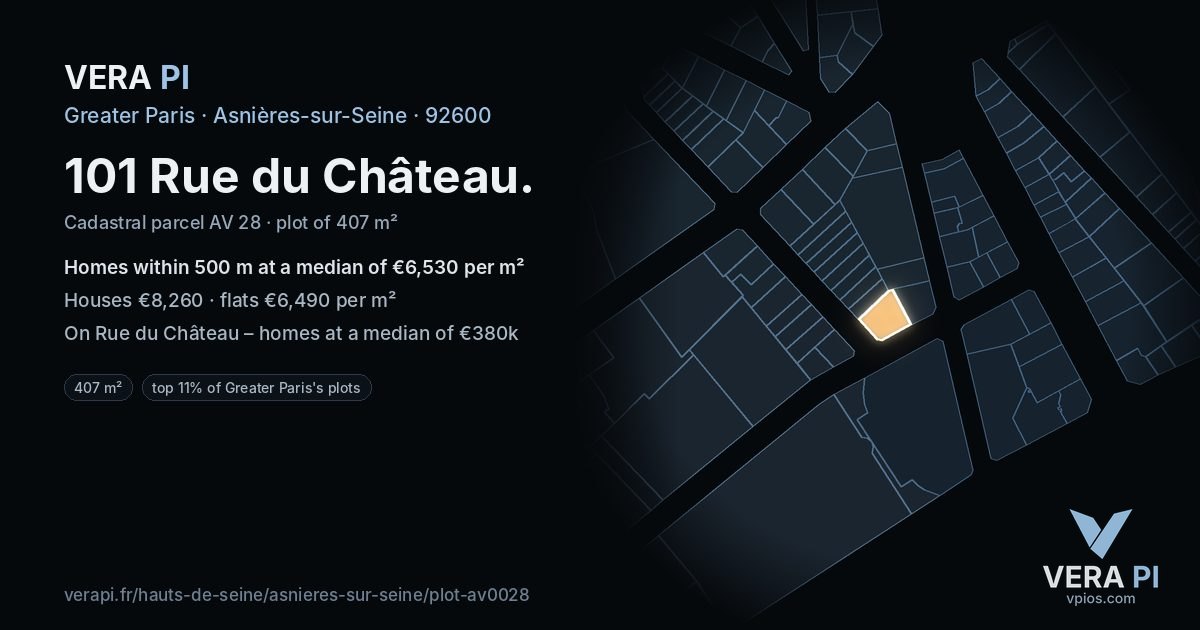 101 Rue du Château, Asnières-sur-Seine at night – the plot lit, the parcels around coloured by the prices near them
