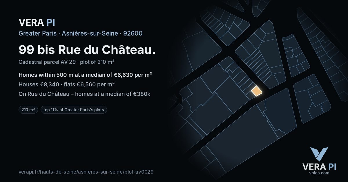 99 bis Rue du Château, Asnières-sur-Seine at night – the plot lit, the parcels around coloured by the prices near them
