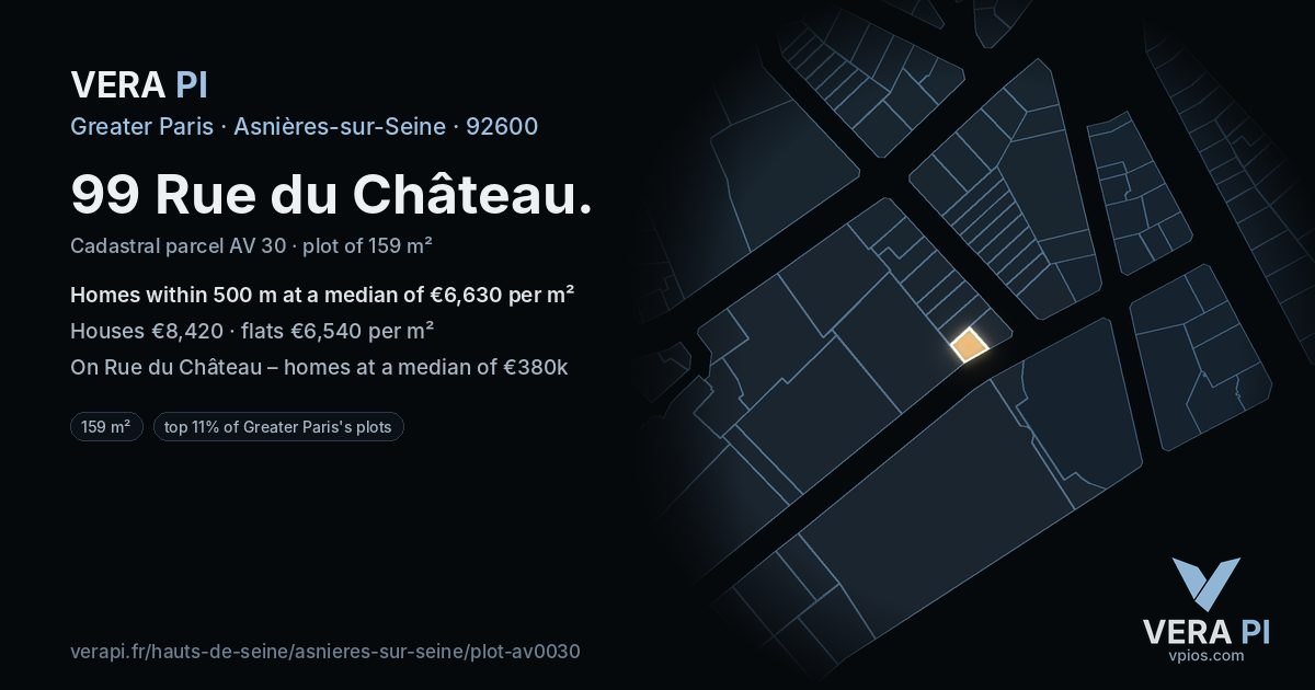 99 Rue du Château, Asnières-sur-Seine at night – the plot lit, the parcels around coloured by the prices near them