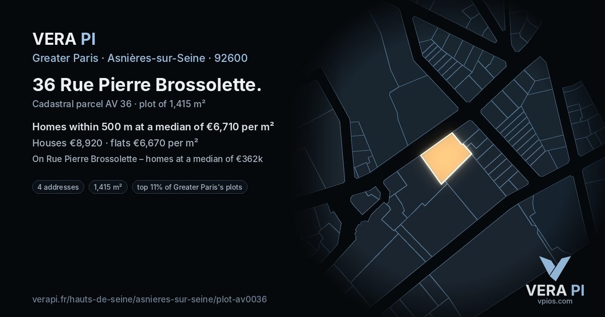 36 Rue Pierre Brossolette, Asnières-sur-Seine at night – the plot lit, the parcels around coloured by the prices near them