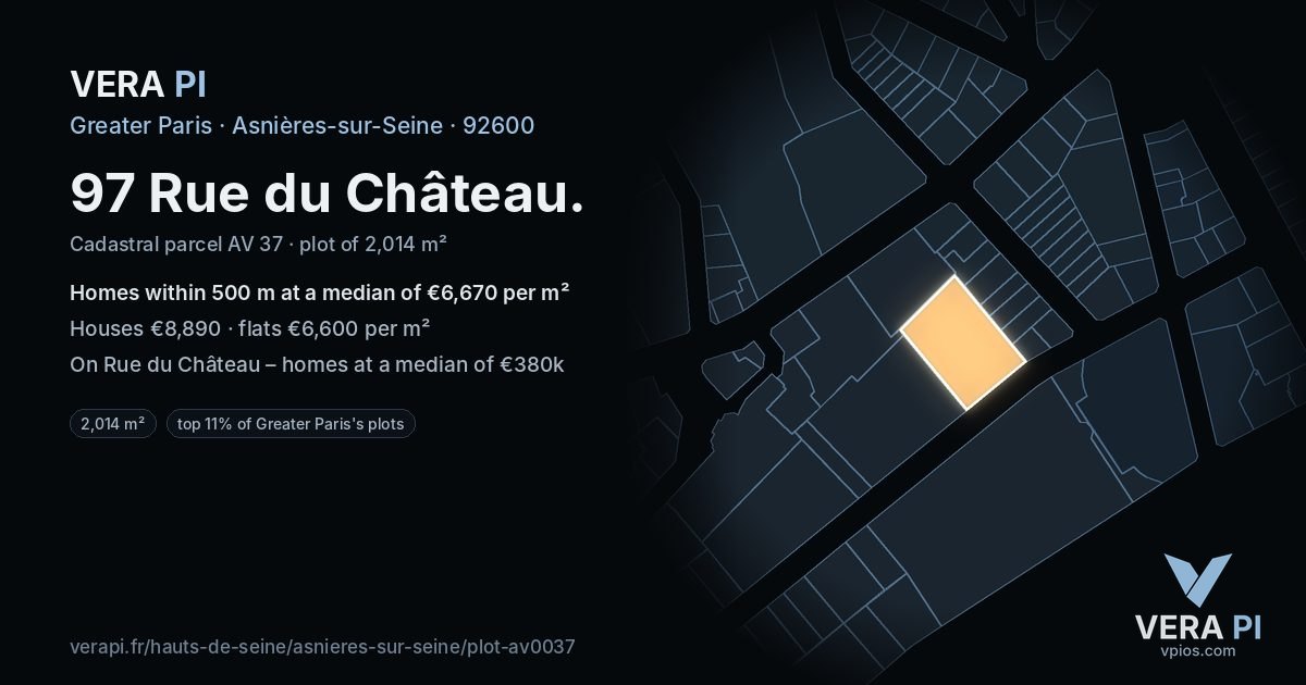 97 Rue du Château, Asnières-sur-Seine at night – the plot lit, the parcels around coloured by the prices near them