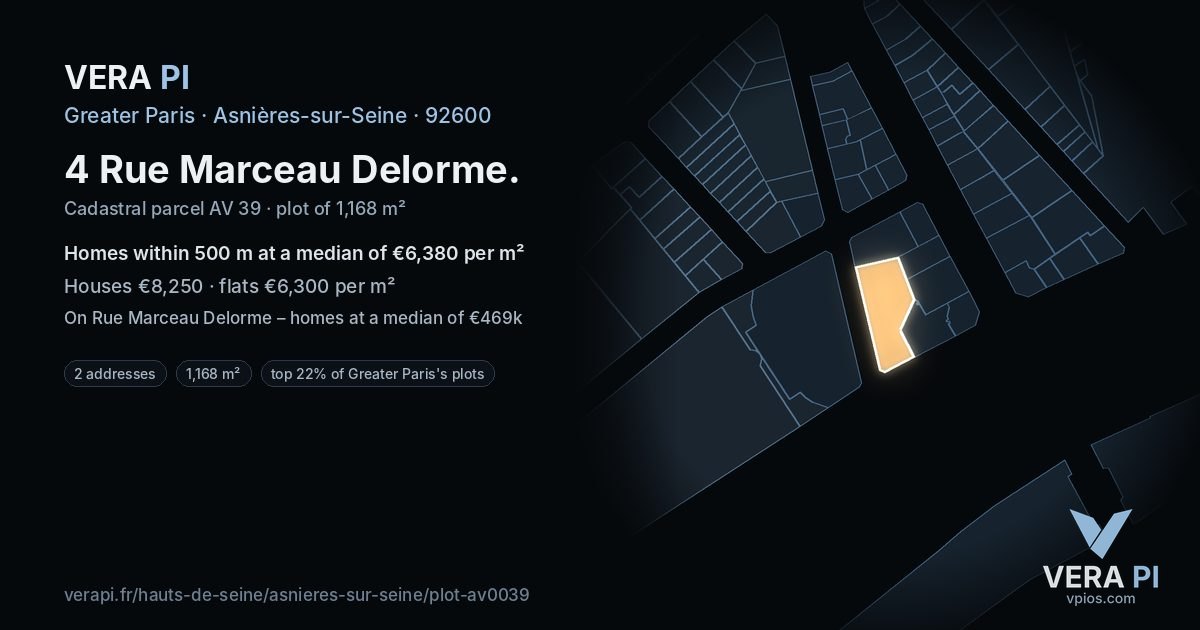 4 Rue Marceau Delorme, Asnières-sur-Seine at night – the plot lit, the parcels around coloured by the prices near them