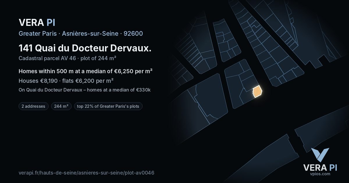 141 Quai du Docteur Dervaux, Asnières-sur-Seine at night – the plot lit, the parcels around coloured by the prices near them