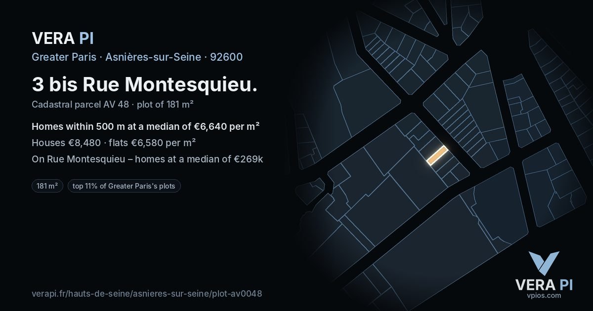 3 bis Rue Montesquieu, Asnières-sur-Seine at night – the plot lit, the parcels around coloured by the prices near them