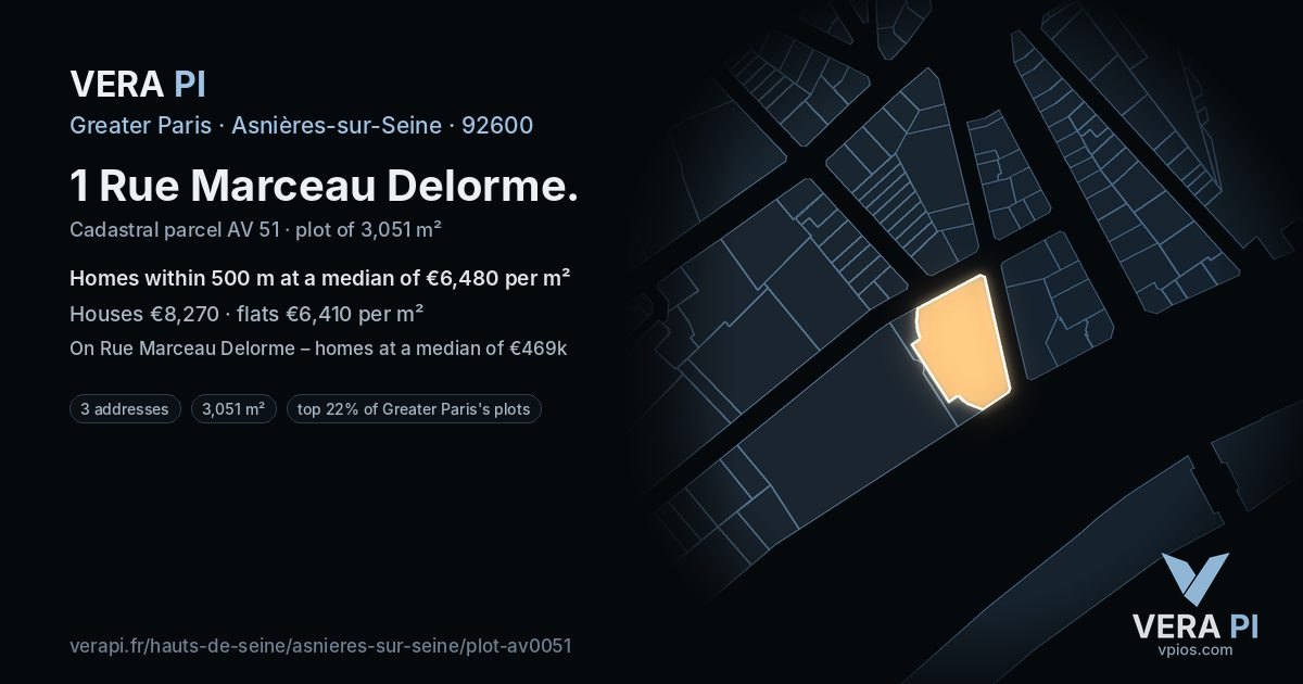 1 Rue Marceau Delorme, Asnières-sur-Seine at night – the plot lit, the parcels around coloured by the prices near them