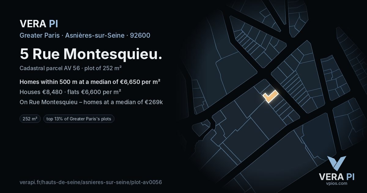 5 Rue Montesquieu, Asnières-sur-Seine at night – the plot lit, the parcels around coloured by the prices near them