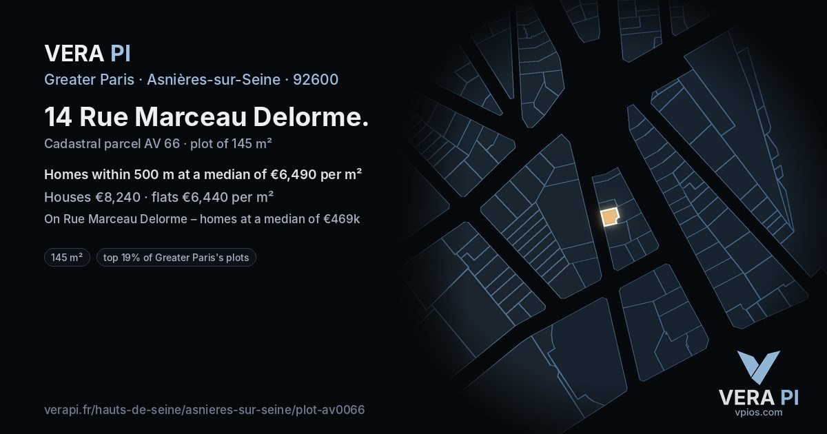 14 Rue Marceau Delorme, Asnières-sur-Seine at night – the plot lit, the parcels around coloured by the prices near them