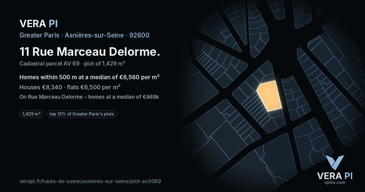 11 Rue Marceau Delorme, Asnières-sur-Seine at night – the plot lit, the parcels around coloured by the prices near them