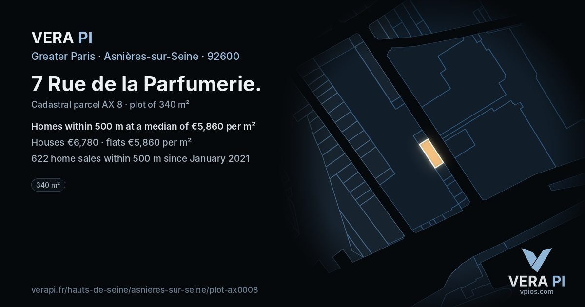 7 Rue de la Parfumerie, Asnières-sur-Seine at night – the plot lit, the parcels around coloured by the prices near them