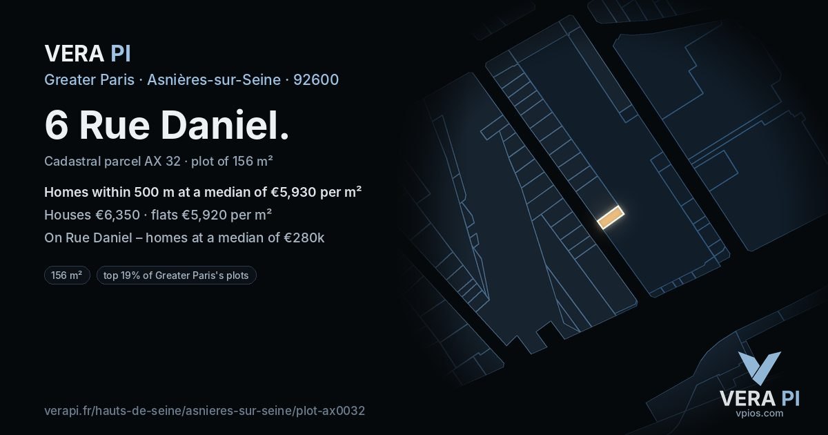 6 Rue Daniel, Asnières-sur-Seine at night – the plot lit, the parcels around coloured by the prices near them