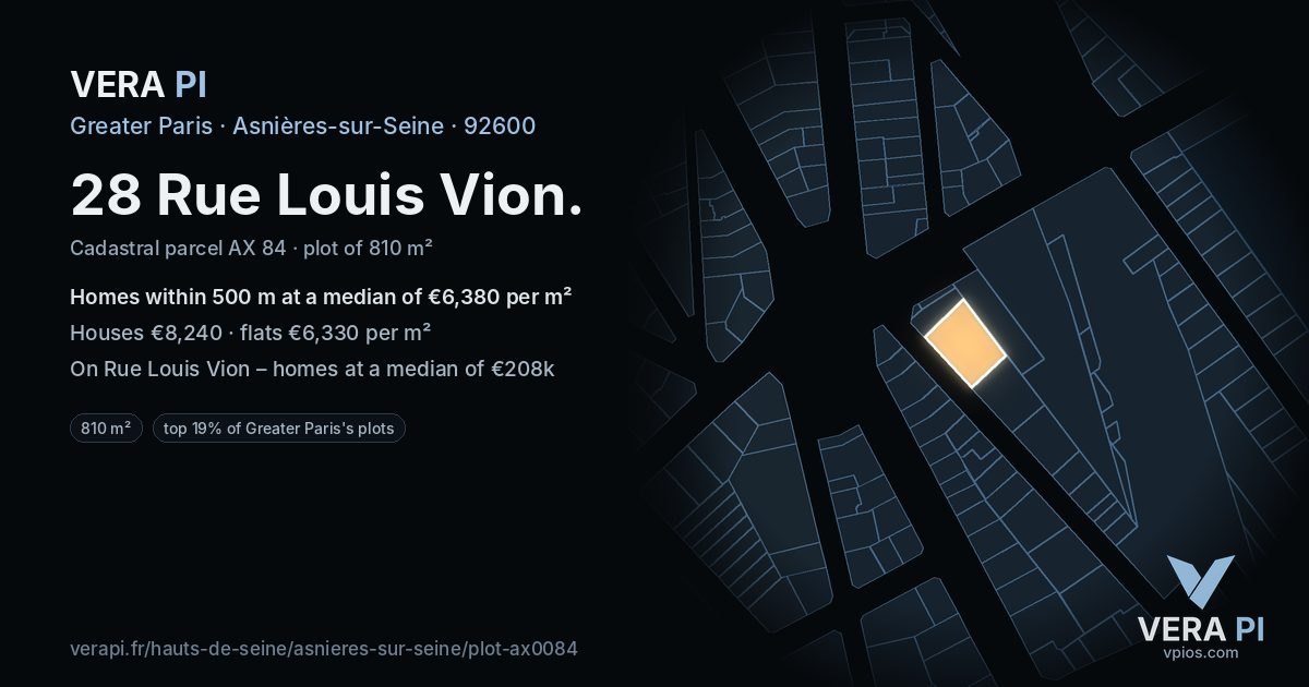28 Rue Louis Vion, Asnières-sur-Seine at night – the plot lit, the parcels around coloured by the prices near them