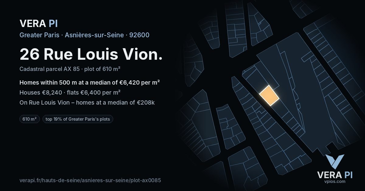 26 Rue Louis Vion, Asnières-sur-Seine at night – the plot lit, the parcels around coloured by the prices near them