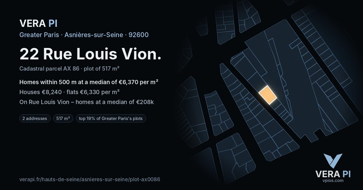 22 Rue Louis Vion, Asnières-sur-Seine at night – the plot lit, the parcels around coloured by the prices near them