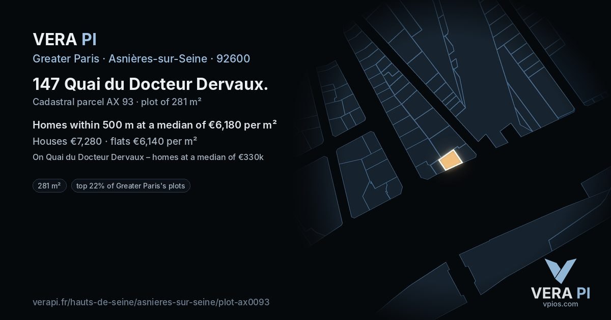 147 Quai du Docteur Dervaux, Asnières-sur-Seine at night – the plot lit, the parcels around coloured by the prices near them
