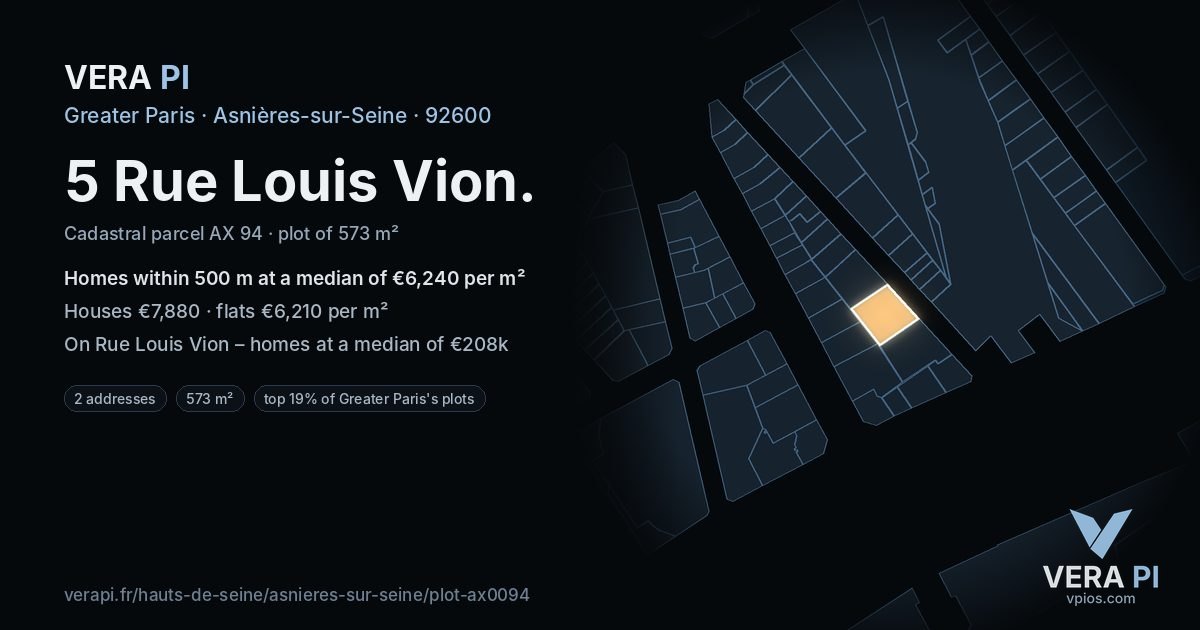 5 Rue Louis Vion, Asnières-sur-Seine at night – the plot lit, the parcels around coloured by the prices near them