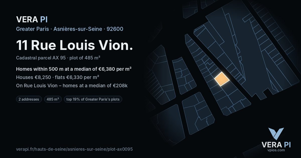 11 Rue Louis Vion, Asnières-sur-Seine at night – the plot lit, the parcels around coloured by the prices near them