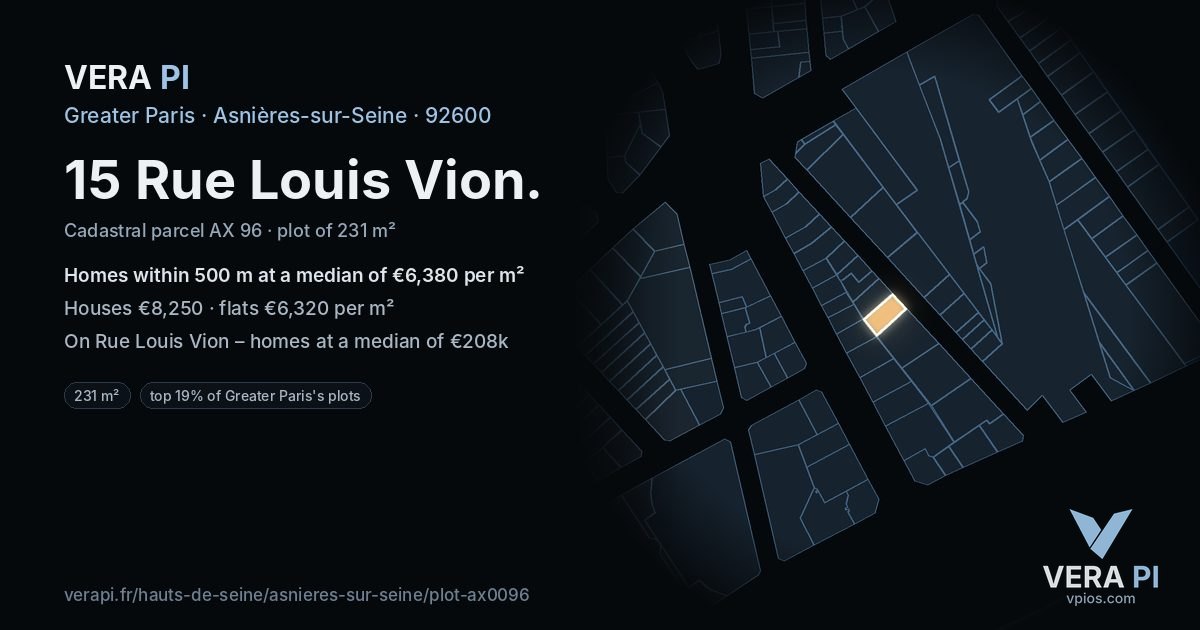 15 Rue Louis Vion, Asnières-sur-Seine at night – the plot lit, the parcels around coloured by the prices near them
