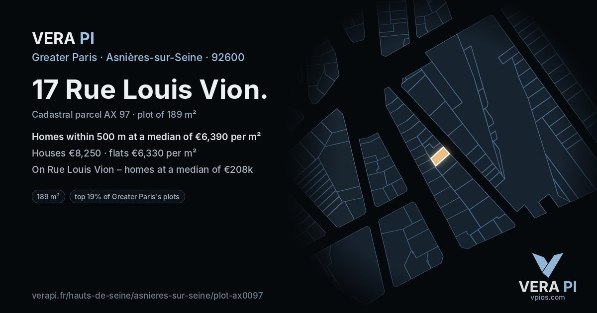 17 Rue Louis Vion, Asnières-sur-Seine at night – the plot lit, the parcels around coloured by the prices near them