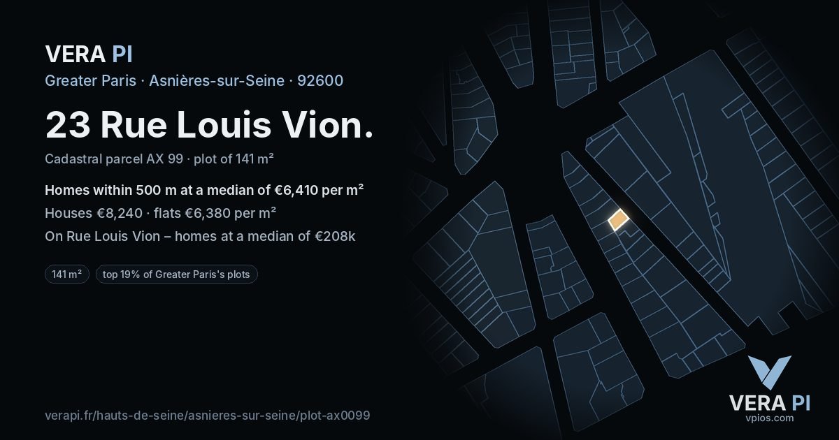 23 Rue Louis Vion, Asnières-sur-Seine at night – the plot lit, the parcels around coloured by the prices near them