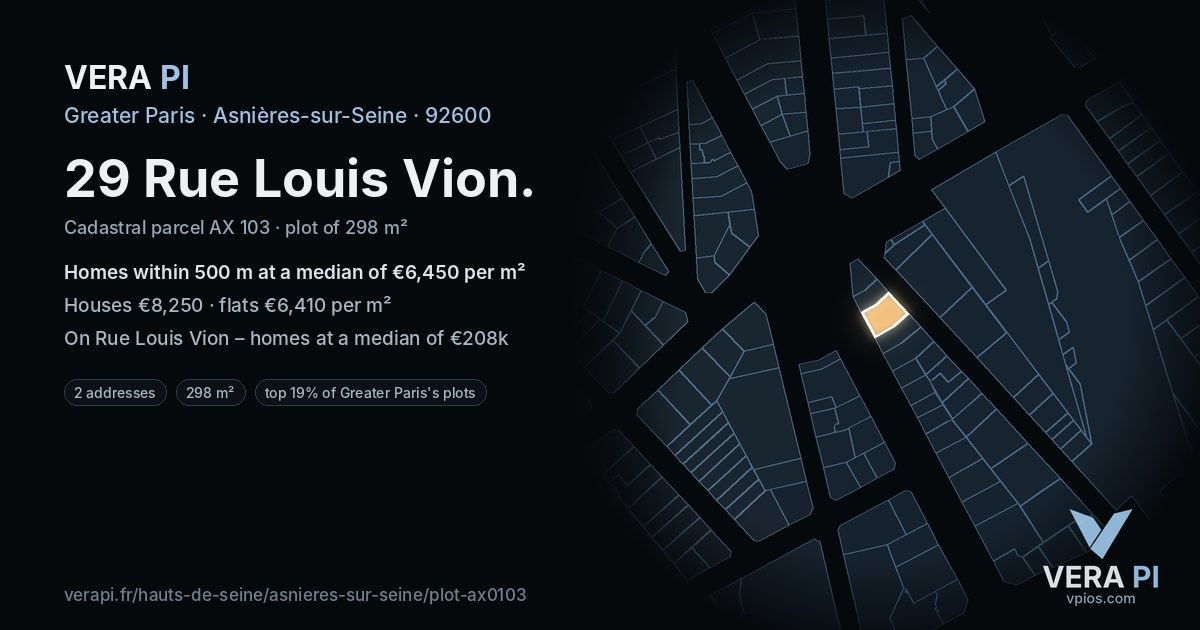 29 Rue Louis Vion, Asnières-sur-Seine at night – the plot lit, the parcels around coloured by the prices near them