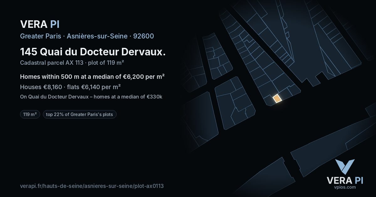 145 Quai du Docteur Dervaux, Asnières-sur-Seine at night – the plot lit, the parcels around coloured by the prices near them