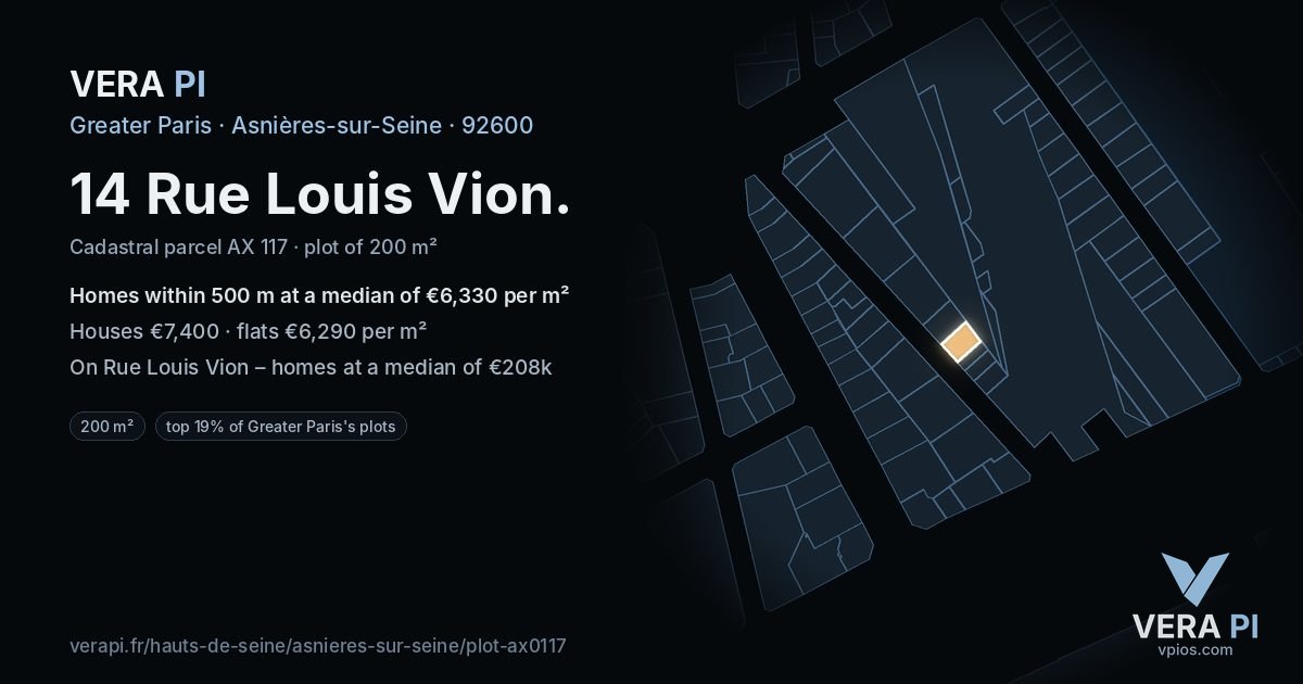 14 Rue Louis Vion, Asnières-sur-Seine at night – the plot lit, the parcels around coloured by the prices near them