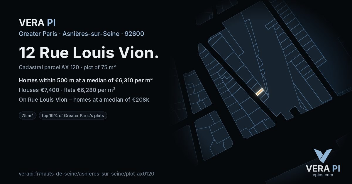 12 Rue Louis Vion, Asnières-sur-Seine at night – the plot lit, the parcels around coloured by the prices near them