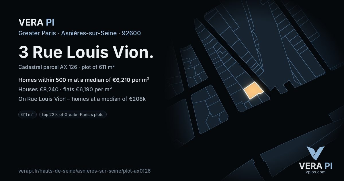 3 Rue Louis Vion, Asnières-sur-Seine at night – the plot lit, the parcels around coloured by the prices near them