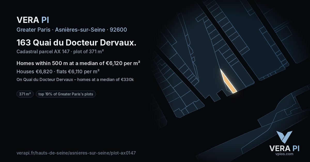 163 Quai du Docteur Dervaux, Asnières-sur-Seine at night – the plot lit, the parcels around coloured by the prices near them