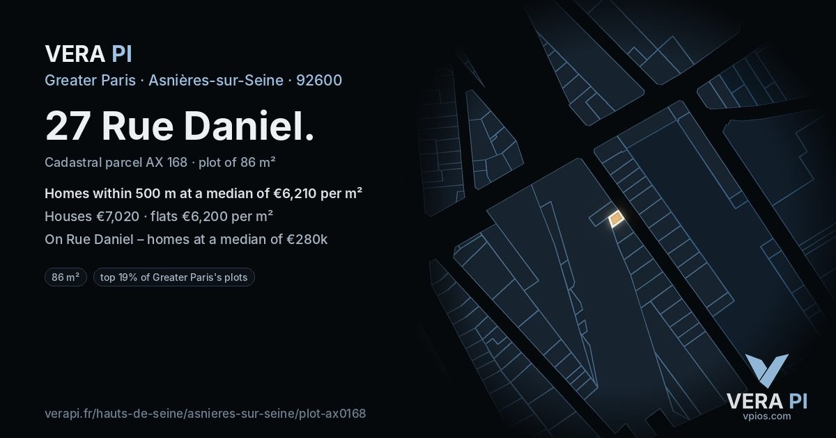 27 Rue Daniel, Asnières-sur-Seine at night – the plot lit, the parcels around coloured by the prices near them