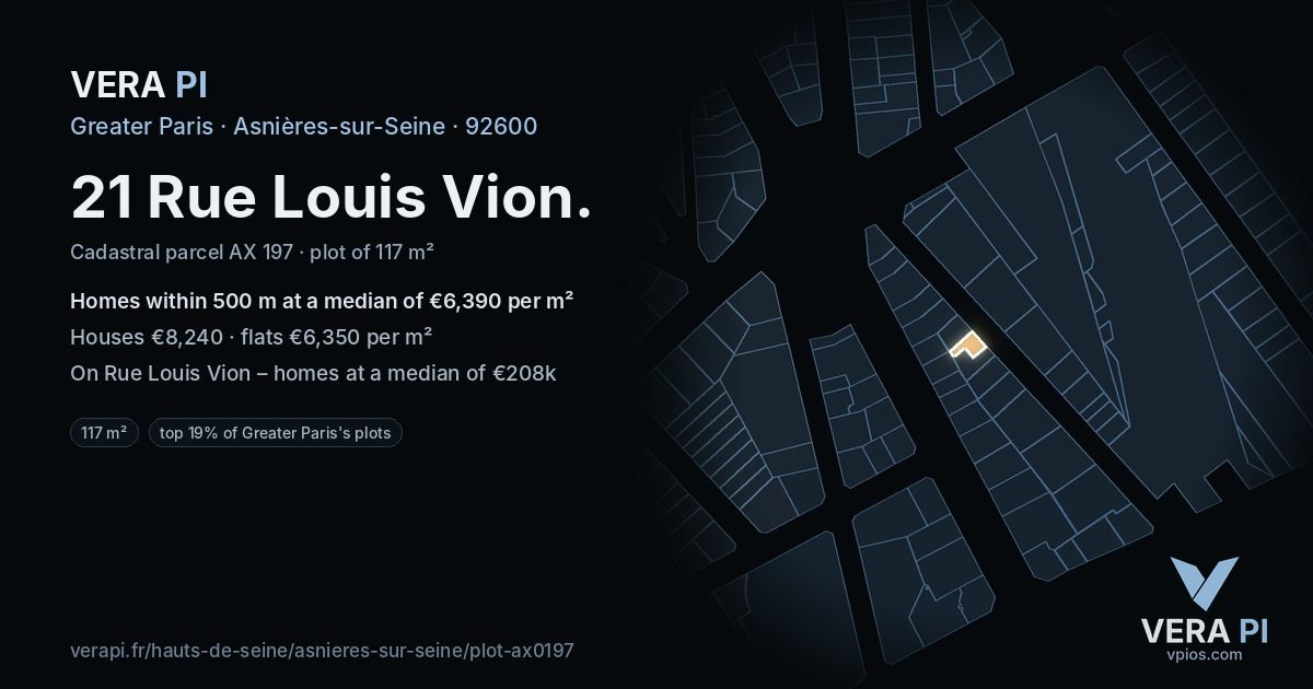21 Rue Louis Vion, Asnières-sur-Seine at night – the plot lit, the parcels around coloured by the prices near them