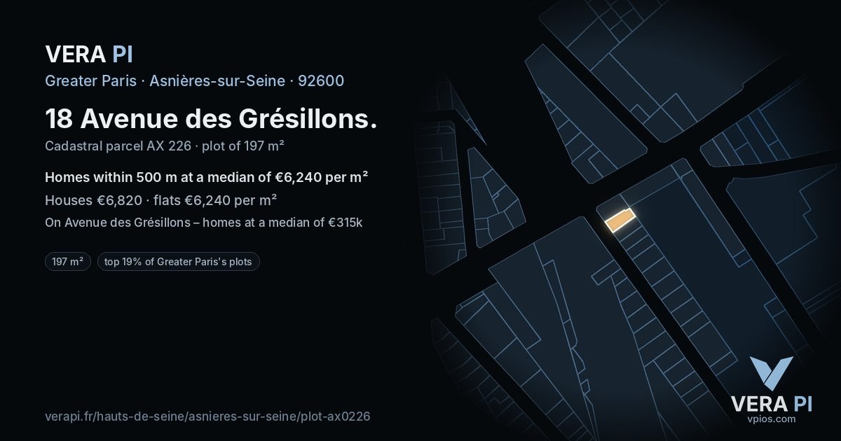 18 Avenue des Grésillons, Asnières-sur-Seine at night – the plot lit, the parcels around coloured by the prices near them