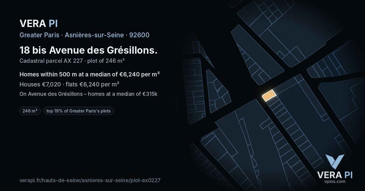 18 bis Avenue des Grésillons, Asnières-sur-Seine at night – the plot lit, the parcels around coloured by the prices near them