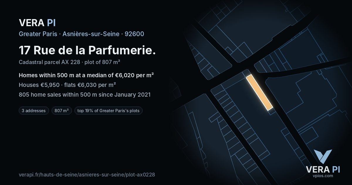 17 Rue de la Parfumerie, Asnières-sur-Seine at night – the plot lit, the parcels around coloured by the prices near them