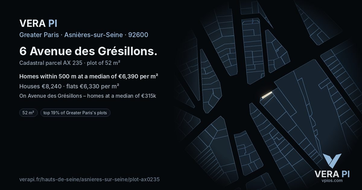 6 Avenue des Grésillons, Asnières-sur-Seine at night – the plot lit, the parcels around coloured by the prices near them