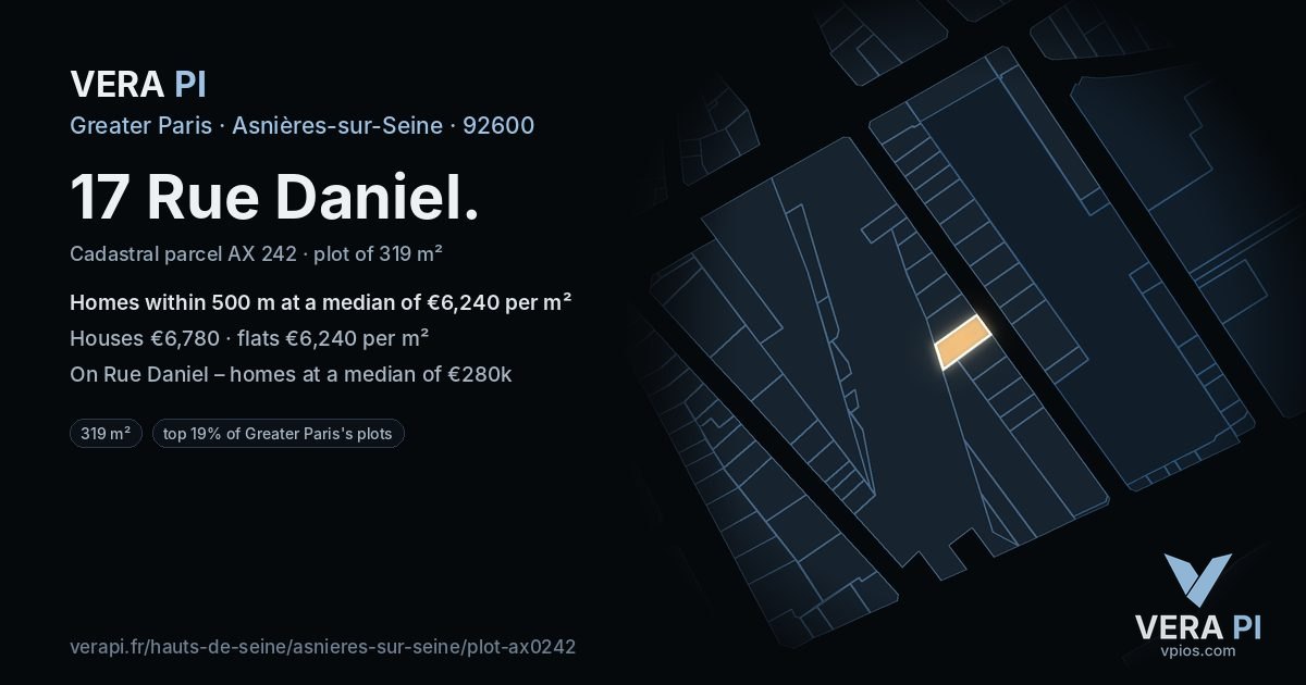 17 Rue Daniel, Asnières-sur-Seine at night – the plot lit, the parcels around coloured by the prices near them