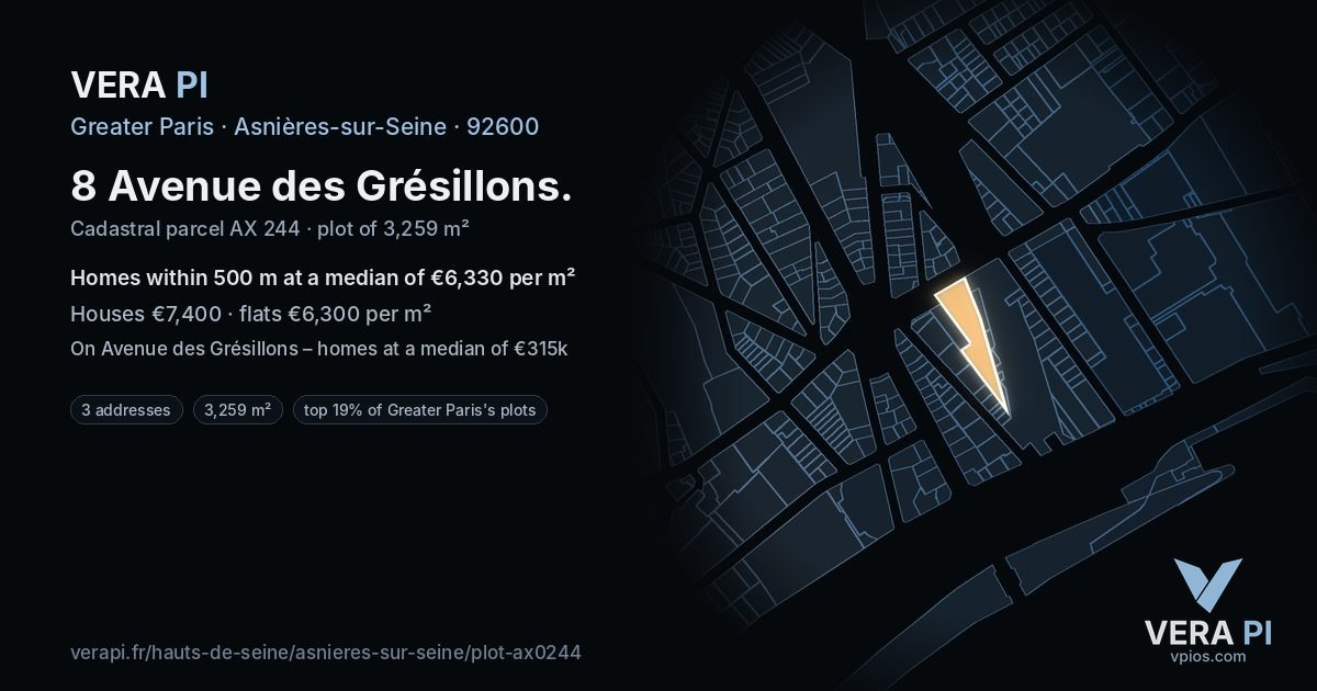 8 Avenue des Grésillons, Asnières-sur-Seine at night – the plot lit, the parcels around coloured by the prices near them