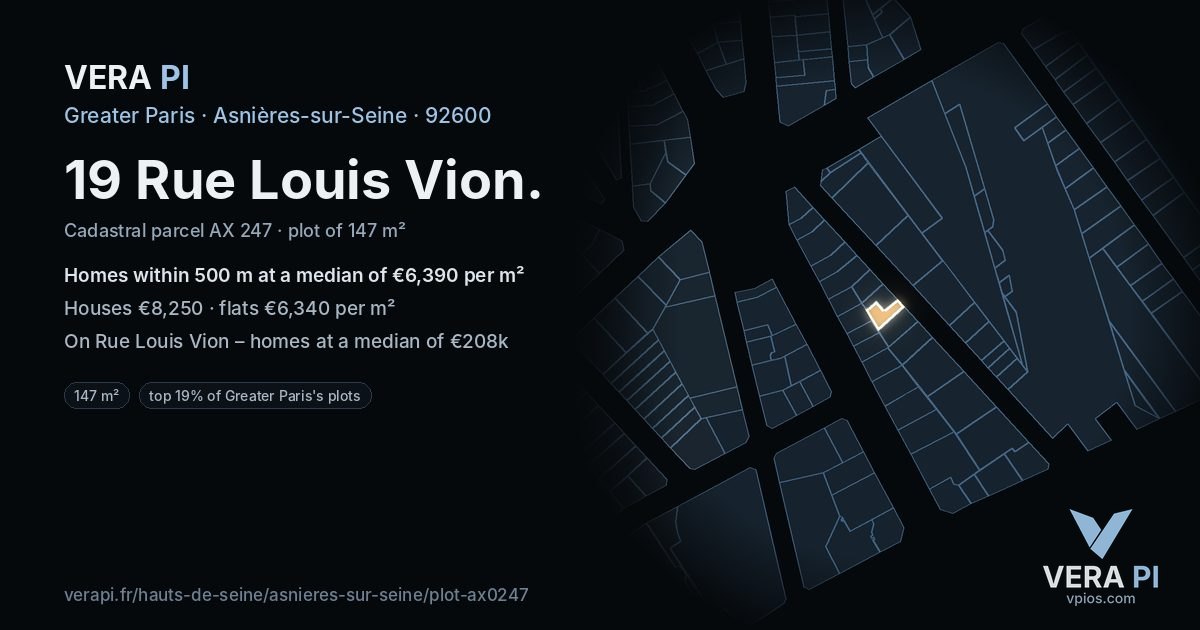 19 Rue Louis Vion, Asnières-sur-Seine at night – the plot lit, the parcels around coloured by the prices near them