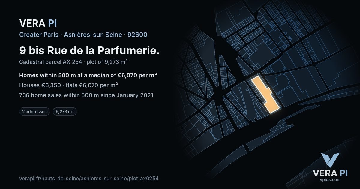 9 bis Rue de la Parfumerie, Asnières-sur-Seine at night – the plot lit, the parcels around coloured by the prices near them