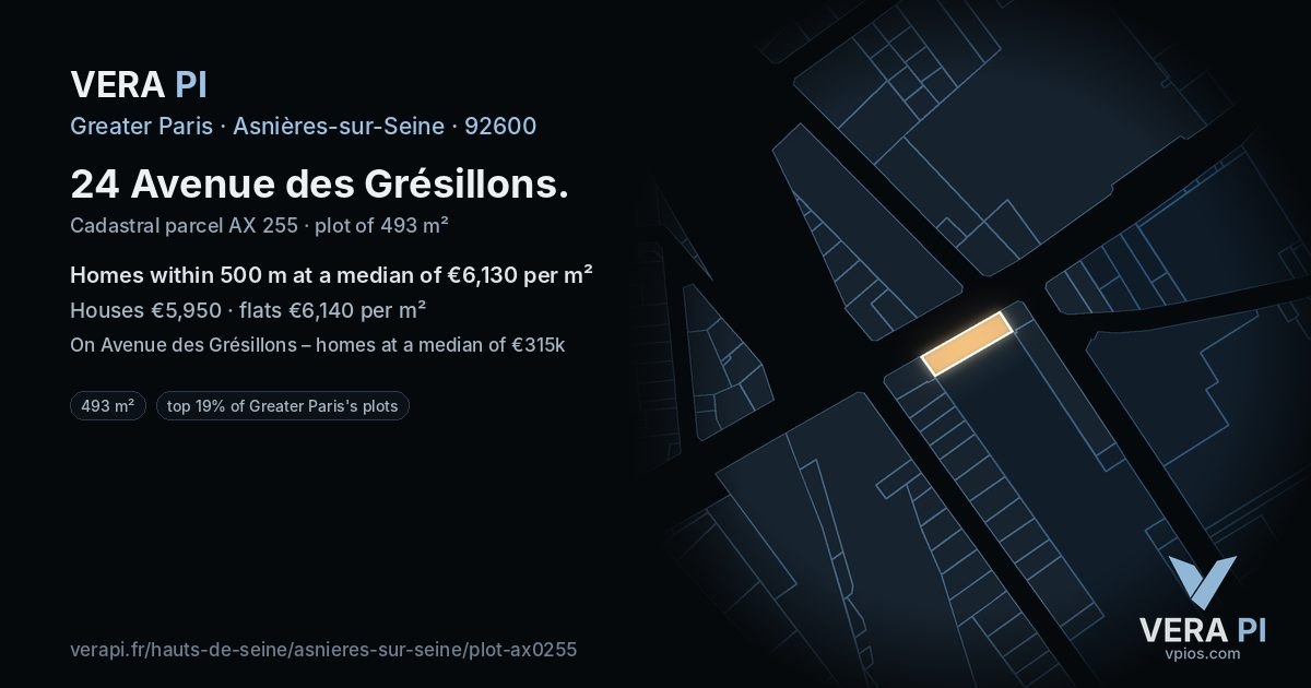 24 Avenue des Grésillons, Asnières-sur-Seine at night – the plot lit, the parcels around coloured by the prices near them