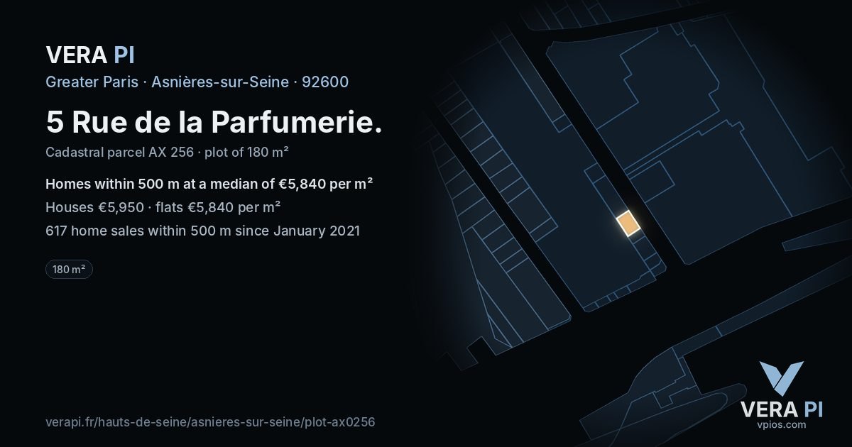 5 Rue de la Parfumerie, Asnières-sur-Seine at night – the plot lit, the parcels around coloured by the prices near them