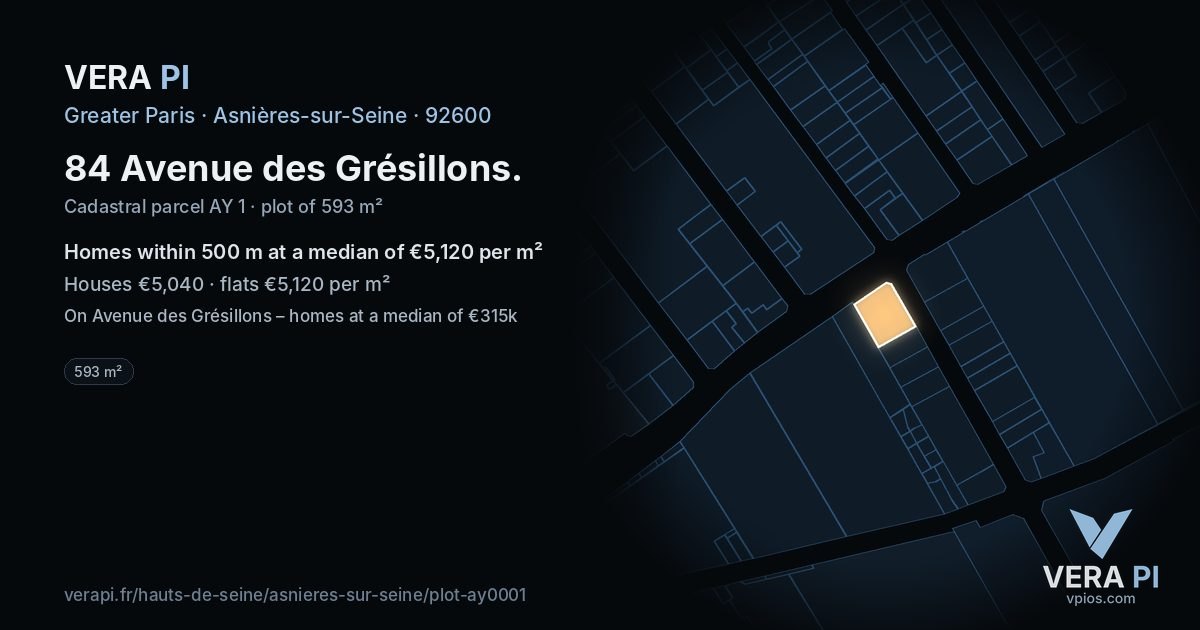 84 Avenue des Grésillons, Asnières-sur-Seine at night – the plot lit, the parcels around coloured by the prices near them