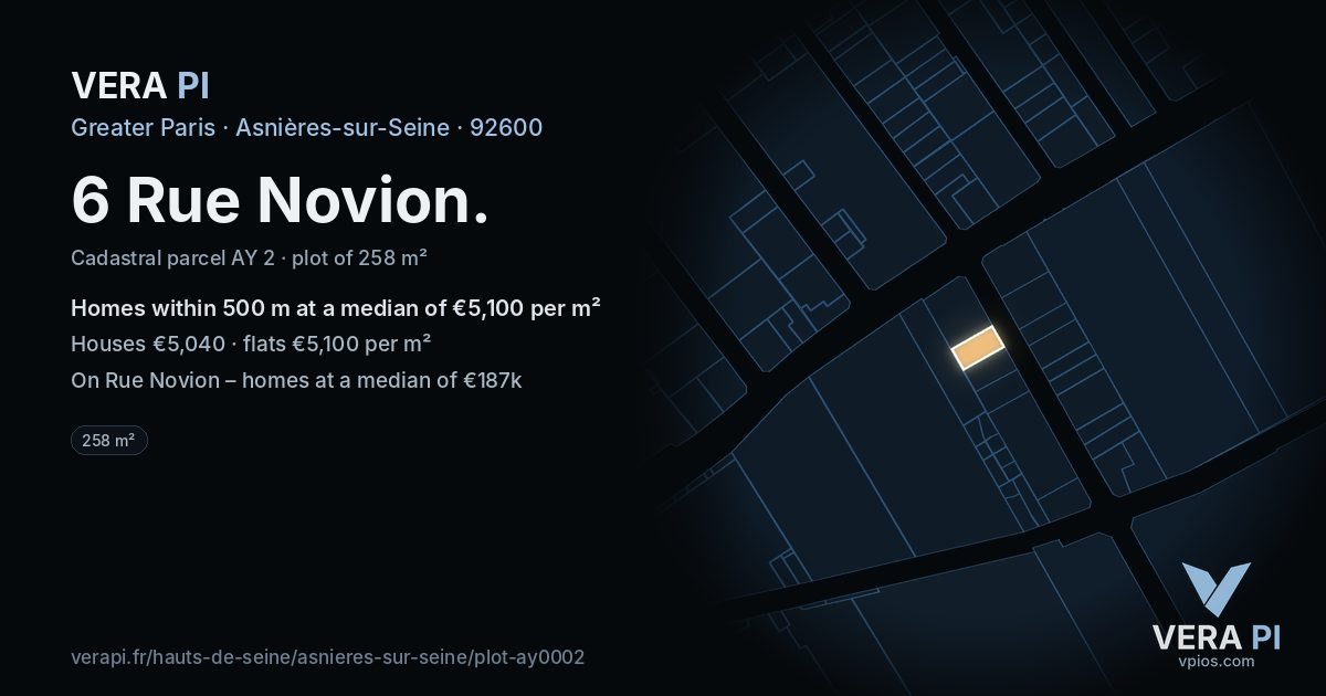 6 Rue Novion, Asnières-sur-Seine at night – the plot lit, the parcels around coloured by the prices near them