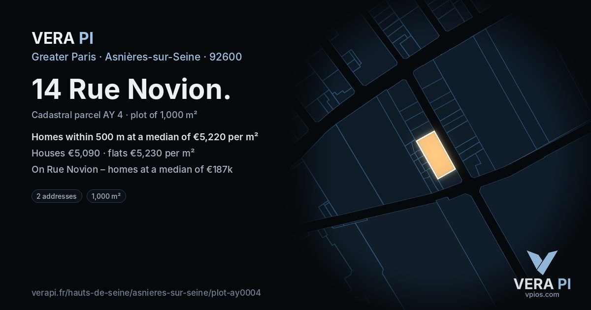 14 Rue Novion, Asnières-sur-Seine at night – the plot lit, the parcels around coloured by the prices near them