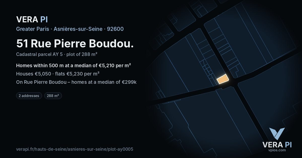 51 Rue Pierre Boudou, Asnières-sur-Seine at night – the plot lit, the parcels around coloured by the prices near them