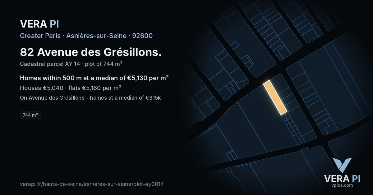 82 Avenue des Grésillons, Asnières-sur-Seine at night – the plot lit, the parcels around coloured by the prices near them